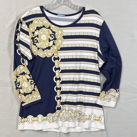 J. McLaughlin Womens XL Long Sleeve Nautical Chain Print Top Blue Gold White - Picture 1 of 6